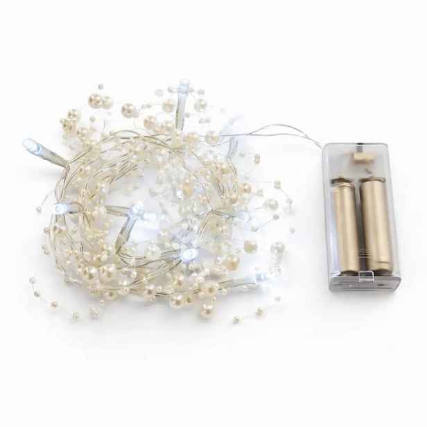 LED světýlka na baterie, bílé perly, 1,3 m, ledově bílá, 10 diod, IP20 interiér, 2 × AA