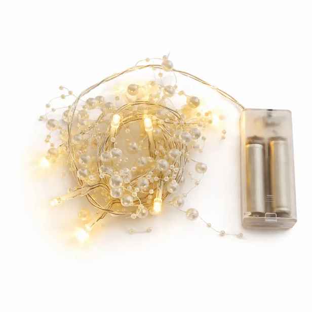 LED světýlka na baterie, bílé perly, 1,3 m, teple bílá, 10 diod, čirý kabel, IP20 interiér, 2,× AA