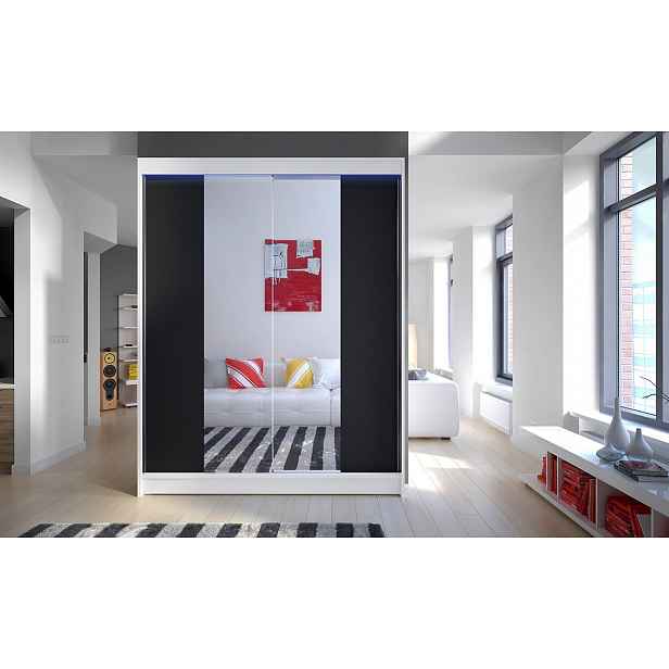 Šatní skříň 150 cm se zrcadlem a LED osvětlením PIRITU 2 - bílá / černá