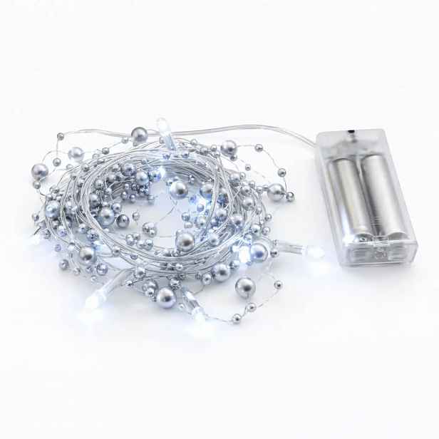 LED světýlka na baterie, perly stříbrné, 1,3 m, ledově bílá, 10 diod, čirý kabel, IP20 interiér, 2 × AA