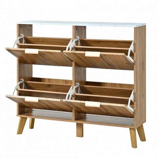 Modfu BOTNÍK z MDF 105x24x95,5 cm přírodní se 4 výklopnými dvířky a deskou v mramorovém vzhledu