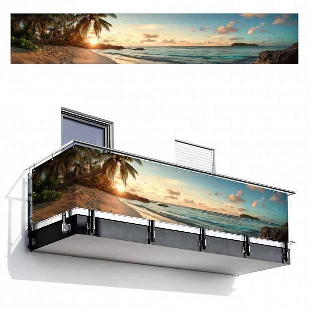 MuchoWow BALKONOVÁ ZÁSTĚNA Pláž - palmy - oceán - západ slunce 500x90 cm