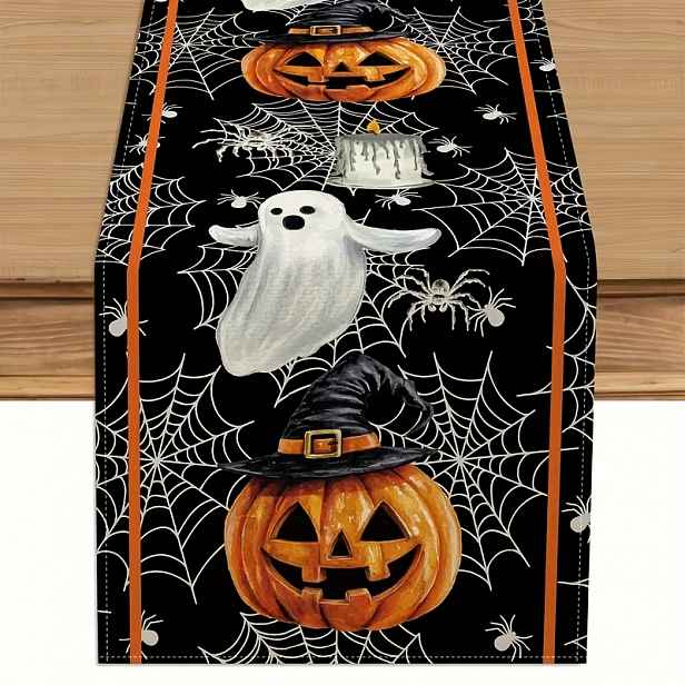 TEMU 1 ks Lněná pavučina Koustava Lampion Klobouk Čaroděje Svíčky Halloween Běhoun na stůl - Festivalová párty dekorace, ideální pro domácnost,