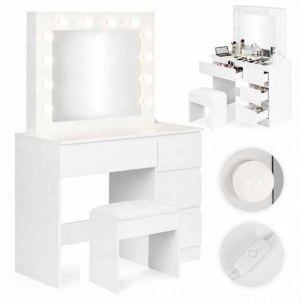 Kosmetický toaletní stolek se zrcadlem a Led osvětlením 4 zásuvky taburet M