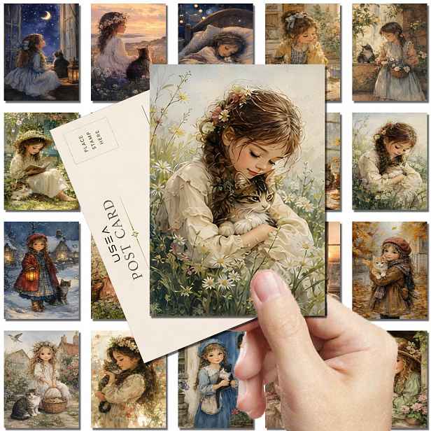 TEMU 20 ks pohlednicových pozvánek | 20 ks 10x15 cm pohlednic ve stylu vintage ilustrace s pastýřskou dívkou a kočkou, vhodné pro scrapbooking,