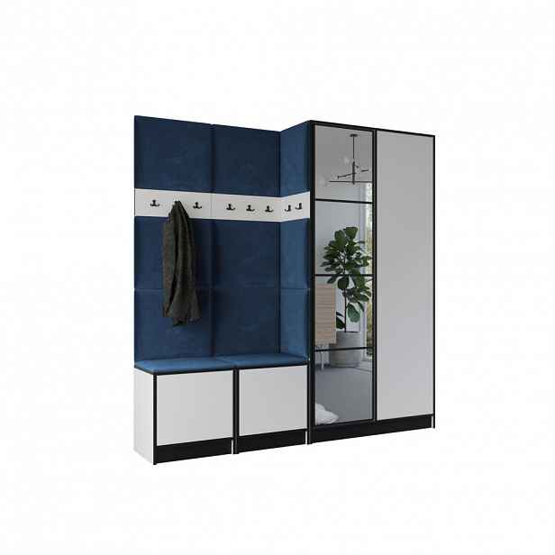 Kier Furniture ŠATNÍ SKŘÍŇ do předsíně EDEN 21 se zrcadlem - Bílá & modrá látka