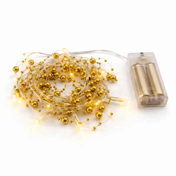 LED světýlka na baterie, perly zlaté, 1,3 m, teple bílá, 10 diod, čirý kabel, IP20 interiér, 2 × AA