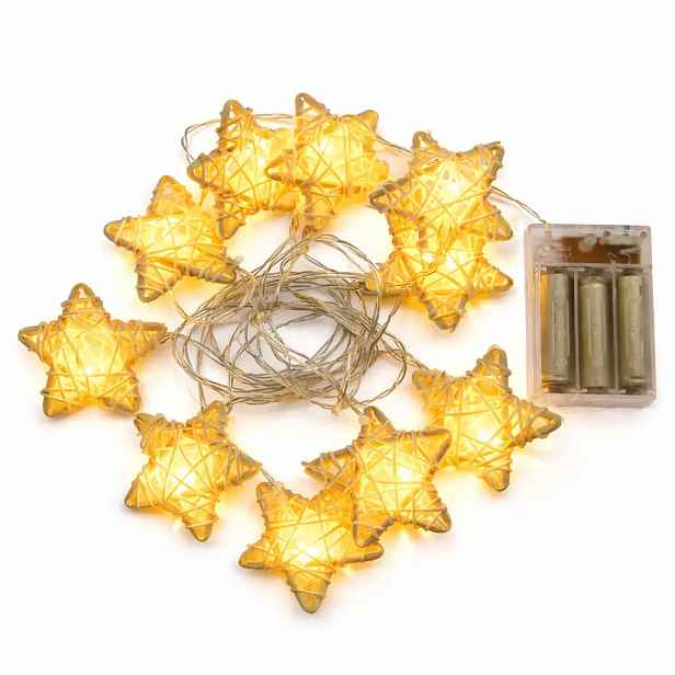 LED světýlka na baterie, ratanové hvězdy, 2,8 m, teple bílá, 10 diod, čirý kabel, IP20 interiér, 3 × AA
