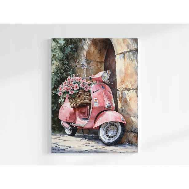 Plakát Růžový Skútr Vespa Květiny Zeď Vintage Retro 75x100