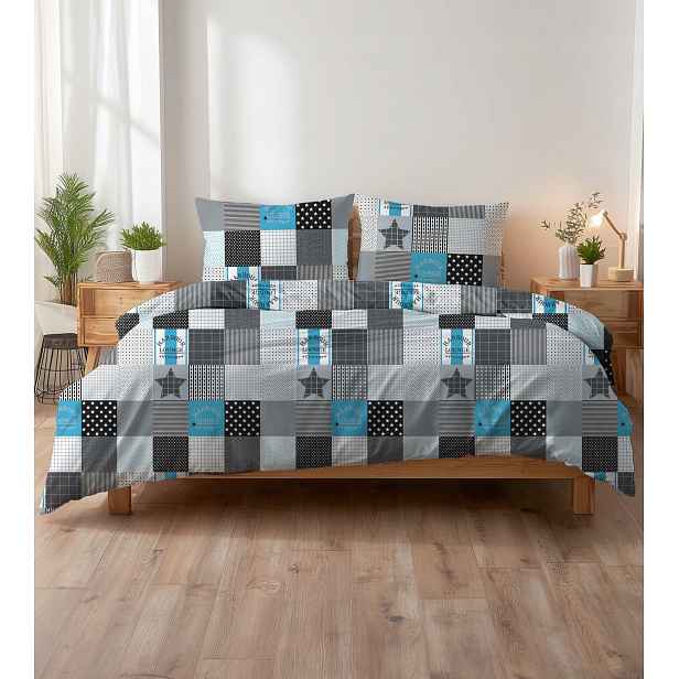 Krepové povlečení 160x200 patchwork černo-bílo-šedé tyrkysové s hvězdami