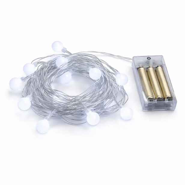 LED světýlka na baterie, kouličky, 2,1 m, ledově bílá, 10 diod, IP20 interiér, 3 × AA