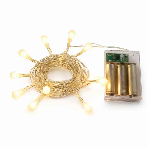 LED světýlka na baterie, kouličky, 2,1 m, teple bílá, 10 diod, čirý kabel, IP20 interiér, 3 × AA