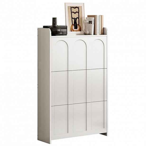 Modfu BOTNÍK z MDF 70x25x120 cm bílý s výklopnými dvířky, zásuvkou a 6 přihrádkami
