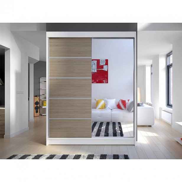 Šatní skříň 150 cm se zrcadlem a LED osvětlením PIRITU 3 - bílá / dub sonoma