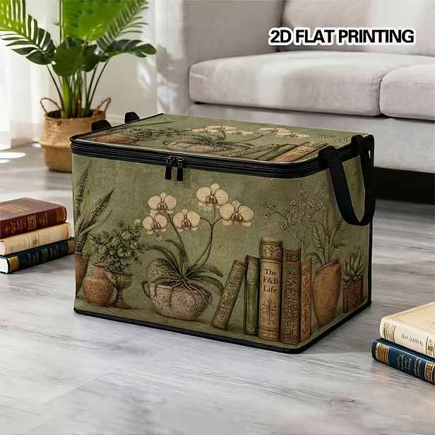 TEMU 1 ks Velký skládací úložný box na zip, personalizovaný 2D retro zelený box na rostliny, knižní police, literární , dárek, prémiový styl, potisk,
