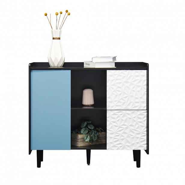 Modfu PŘÍBORNÍK z MDF 90x80x40 cm černo-modrý se 2 zásuvkami, skříňkou a otevřenými přihrádkami