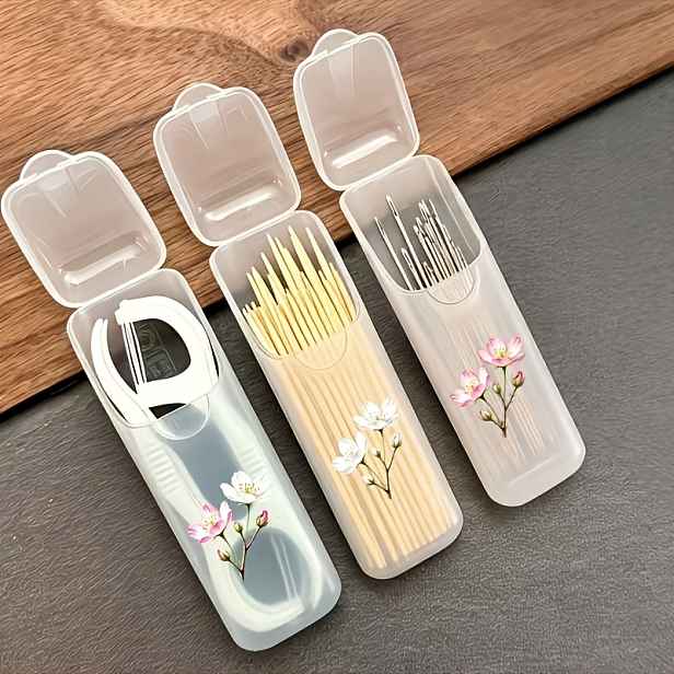 TEMU 3dílný elegantní cestovní organizér s třešňových květů - párátka, zubní nit a box pro každodenní uložení, kompaktní a praktický, cestovní úložný