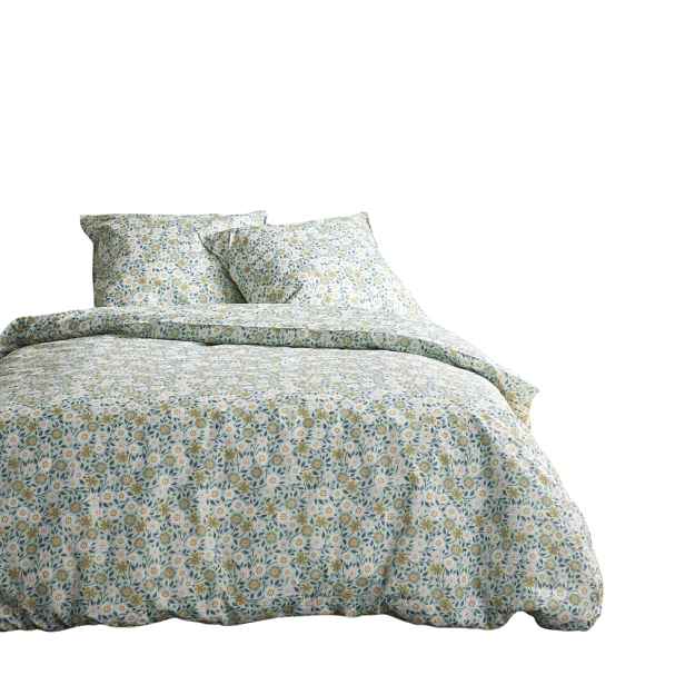 Povlečení Bavlněné Zelené S Květinami Přikrývka 2 Polštáře 220 X 240 CM Knoflíky