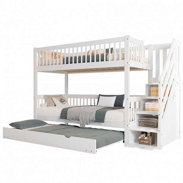 STILVORA ETAGENBETT 90/200 cm & 90/190 cm in Weiß mit Rollbett, Leiterschrank und Handlauf