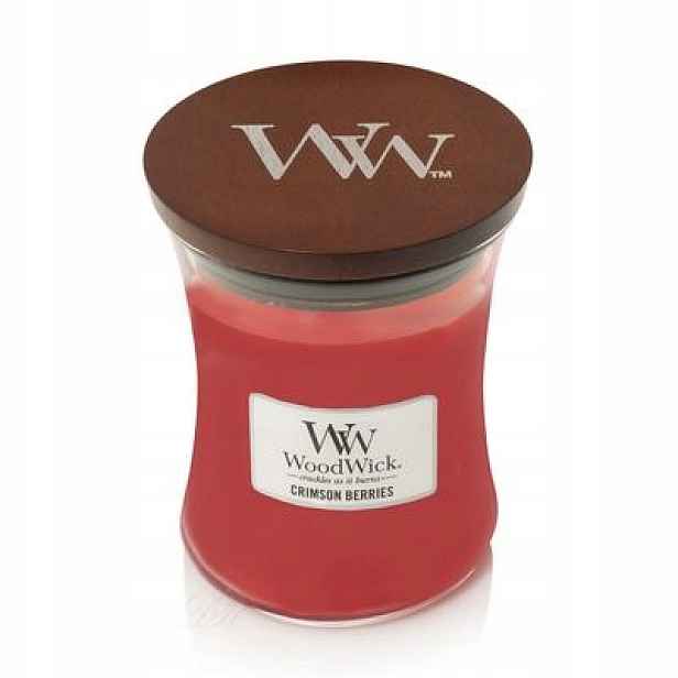Woodwick Crimson Berries – střední vonná svíčka s dřevěným knotem