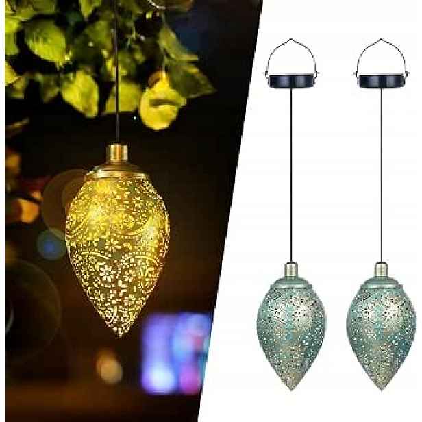 Marocké závěsné lampy 2 ks Zelená lucerna Solární Lampa Kovová