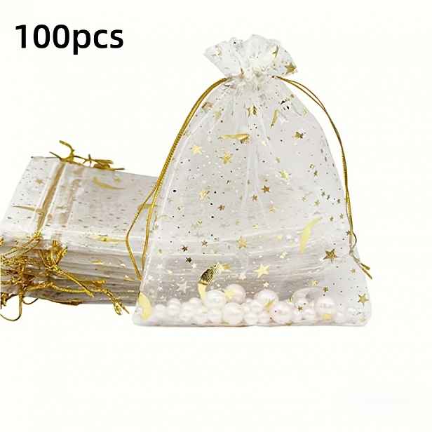 TEMU Sada 100 ks, 2,76" × 3,54" (7 cm × 9 cm) Organzové Dárkové Sáčky, Bílé/Černé se Zlatým Fóliovým Ražením, Organzové Sáčky s Hvězdami a Měsícem,
