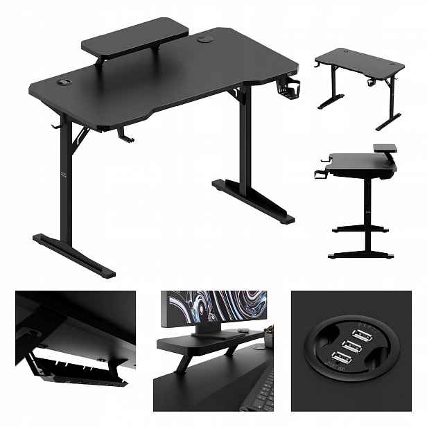 Herní stůl Mark Adler černý s nástavcem pod monitor a Usb nabíječkou