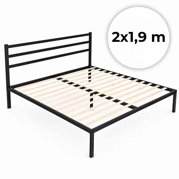 Kovová postel s lamelovým roštem a čelem 190×200 cm, černá