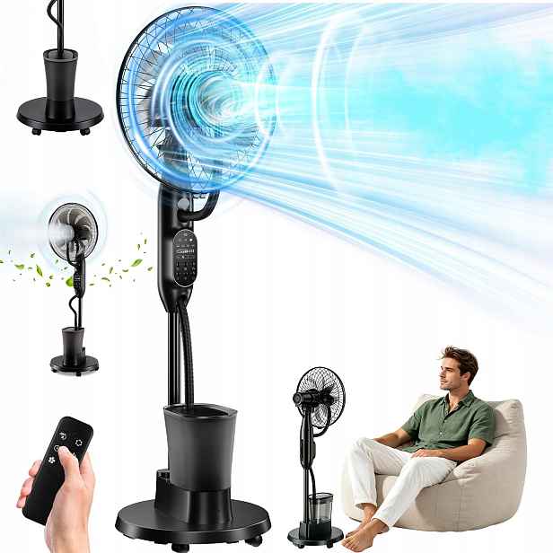 Podlahový Ventilátor S Zavlažovačem Vody 9 Rychlostí Dálkový Ovladač Vodní Mlha Černá