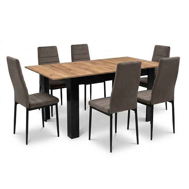 Rozkládací jídelní stůl Craft 120/160x80 cm 6 hnědých sametových židlí Axell