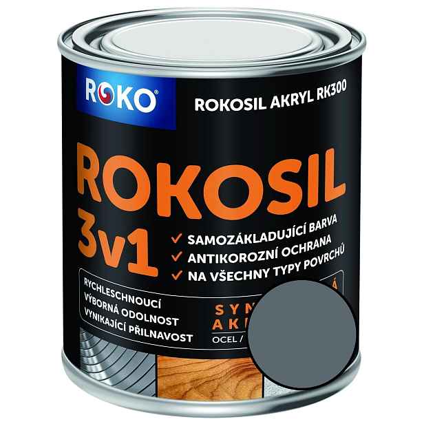 Barva samozákladující Rokosil akryl 3v1 RK 300 1100 šedá střední, 0,6 l