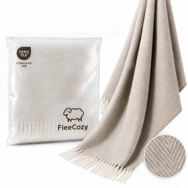 Merino deka 130x170 světle béžová jedle na pohovku 270 g vlněný pléd s nylonem