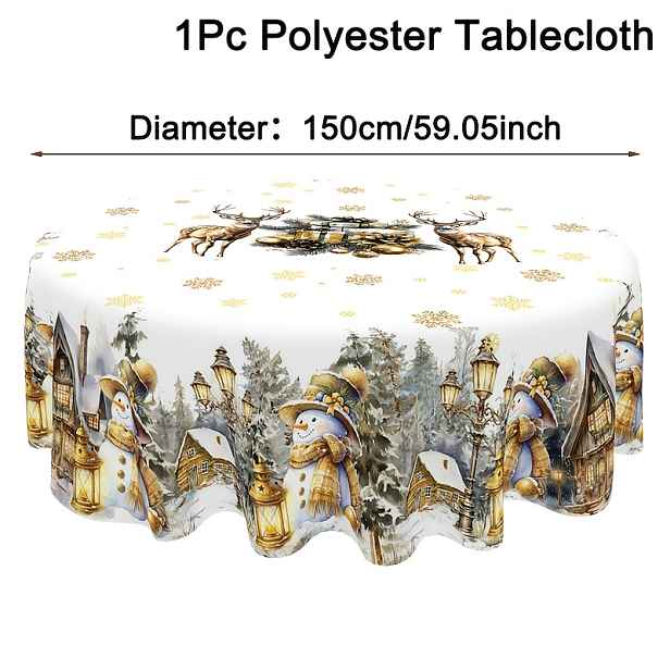TEMU 1 ks Vánoční ubrus, bílý a zlatý sněhulák, sob, zimní vesnický tisk, obdélníkový/kulatý, 100% polyester, pro domácí kuchyni, dekorace jídelního