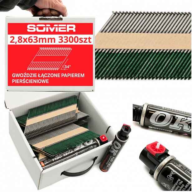 Set Hřebíky do hřebíkovačky Kroužkové 2,8x63mm 3300 ks a 2 gázy Ok