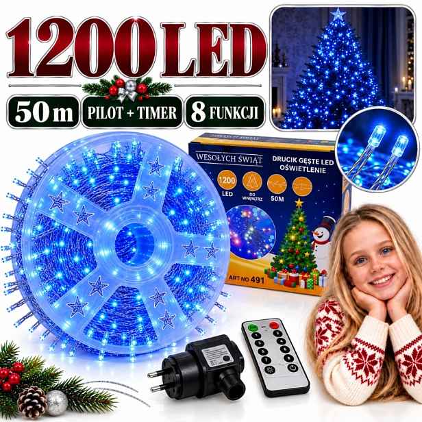 Vánoční Osvětlení Na Stromeček 1200 Led Modré 50 M Drátek Na Cívce Pilot Timer
