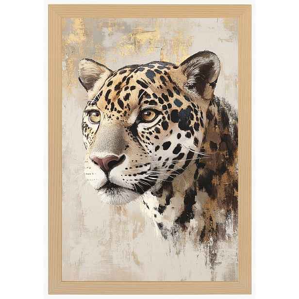 Plakát Rámeček Dřevo Portrét Příroda Zvíře Kočka Jaguar Béžová Hnědá 40x60