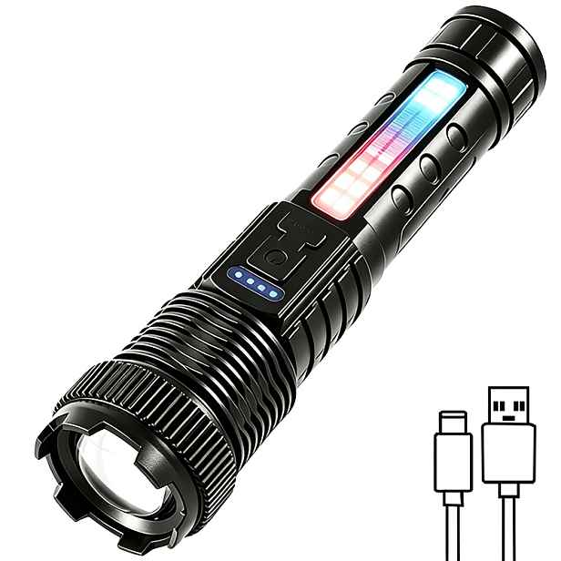 TEMU Výkonná dobíjecí svítilna se 6 režimy a zoomem, super jasná LED svítilna s bočním COB světlem a LCD displejem napájení, 1200mAh kapesní pracovní