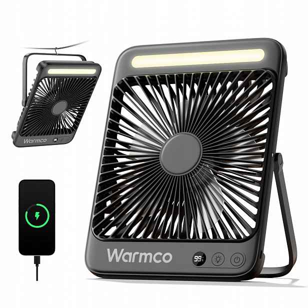 Kempingový ventilátor 20000mAh Warmco Přenosný stolní s Led lampou