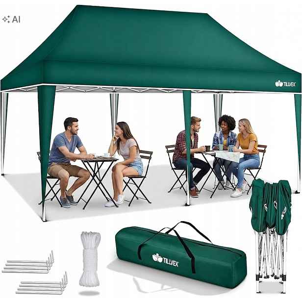 Zahradní pavilon 3x6 m Skládací Pop Up Zelený Voděodolný Uv 50+
