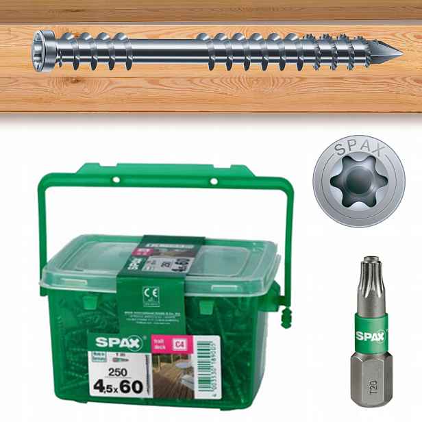 Šrouby C4 na terasovou desku 250 Ks Bit T-20 bonus 4,5x60mm Spax Terasa