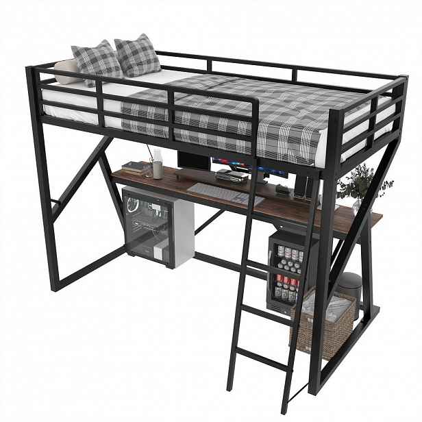 STILVORA HOCHBETT 90/200 cm in Schwarz mit LED, Schreibtisch und Treppe