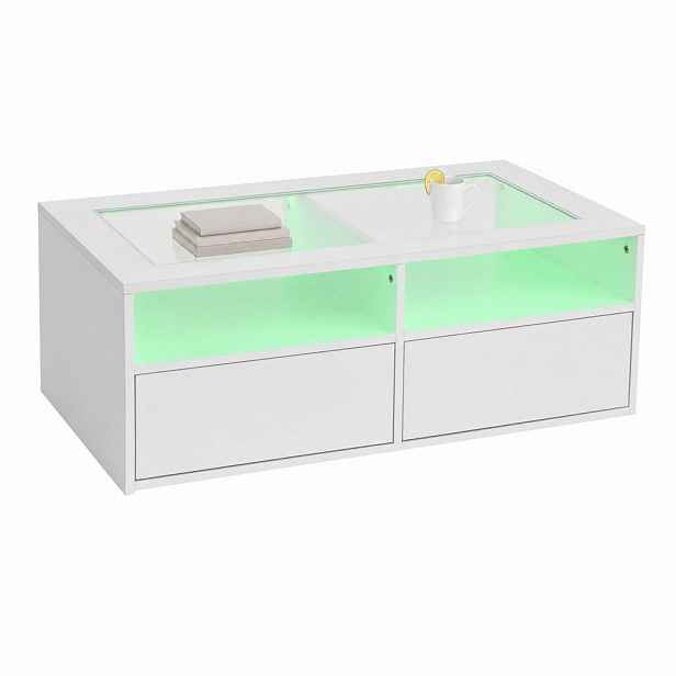 STILVORA KONFERENČNÍ STŮL v bílé barvě s LED osvětlením, skleněnou deskou, 2 zásuvkami a otevřeným úložným prostorem, 100 × 50 × 35 cm
