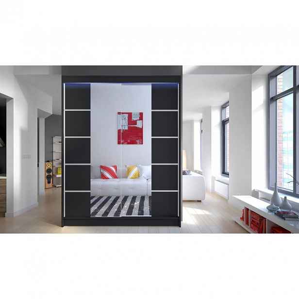 Zrcadlová šatní skříň 150 cm s posuvnými dveřmi a LED osvětlením PIRITU 5 - černá