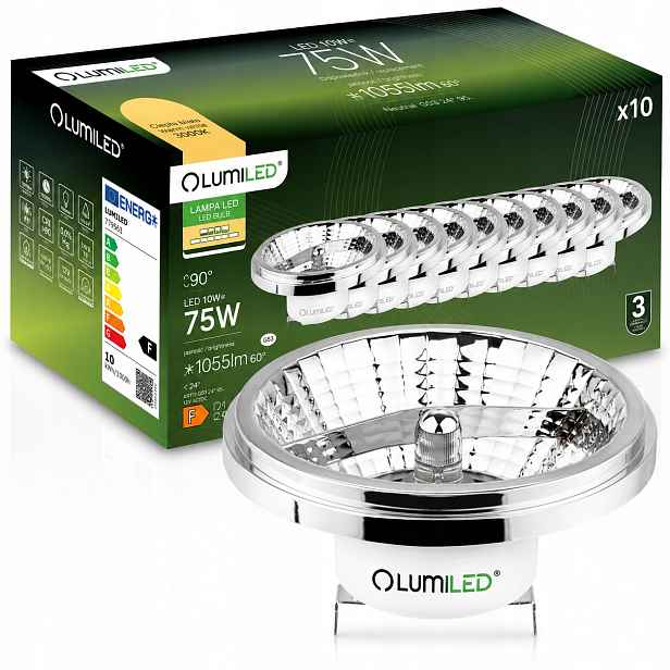 10x Led žárovka G53 AR111 10W 75W 1055lm 3000K 24° 12V Stříbrná Lumiled