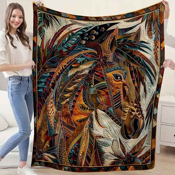 Deka přehoz barevná Kůň Koně Boho Art ala patchwork dárek 150x200 cm
