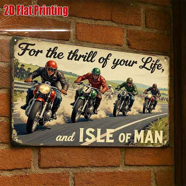 TEMU 2D plochý - 2D-plochý, 1 ks Vintage plakát s motocyklovou závodní scénou ostrovu Man, kreativní plechová cedule, dekorace do garáže, výrazné