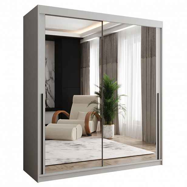 Home Collective ŠATNÍ SKŘÍŇ S POSUVNÝMI DVEŘMI se zrcadlem, šířka 180 cm, bílá s černým madlem