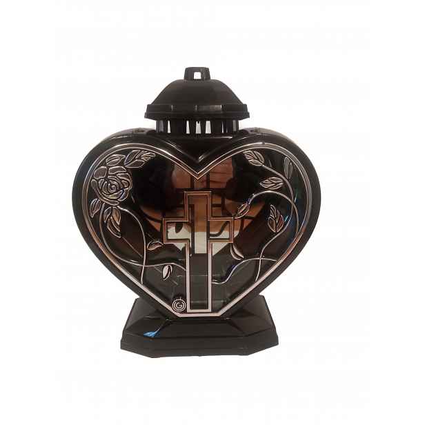 Hřbitovní Svíčka art. Lampion Glamour srdce velké aplikace kříž 32 cm stříbrno-černý