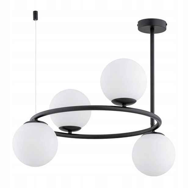 Závěsná lampa černá 4 skleněné bílé koule kulatá 54 cm do ložnice Alfa