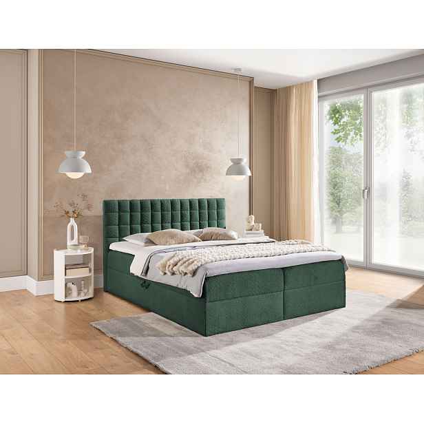 Manželská boxspringová postel 160x200 SALOMA - láhvově zelená + topper
